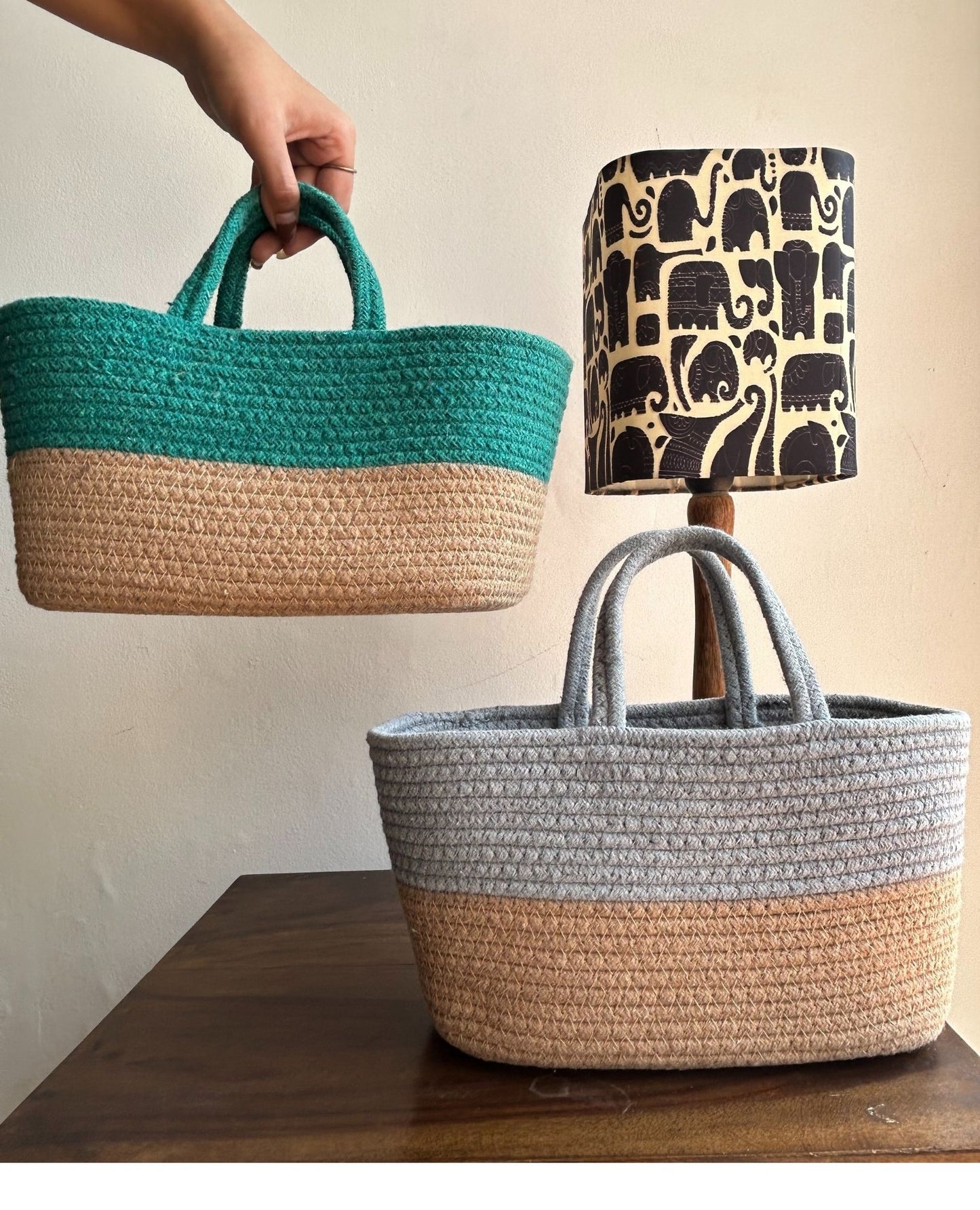 Set of 2 Duotone Baskets- Bottle Green And Grey - jasmeyhomes