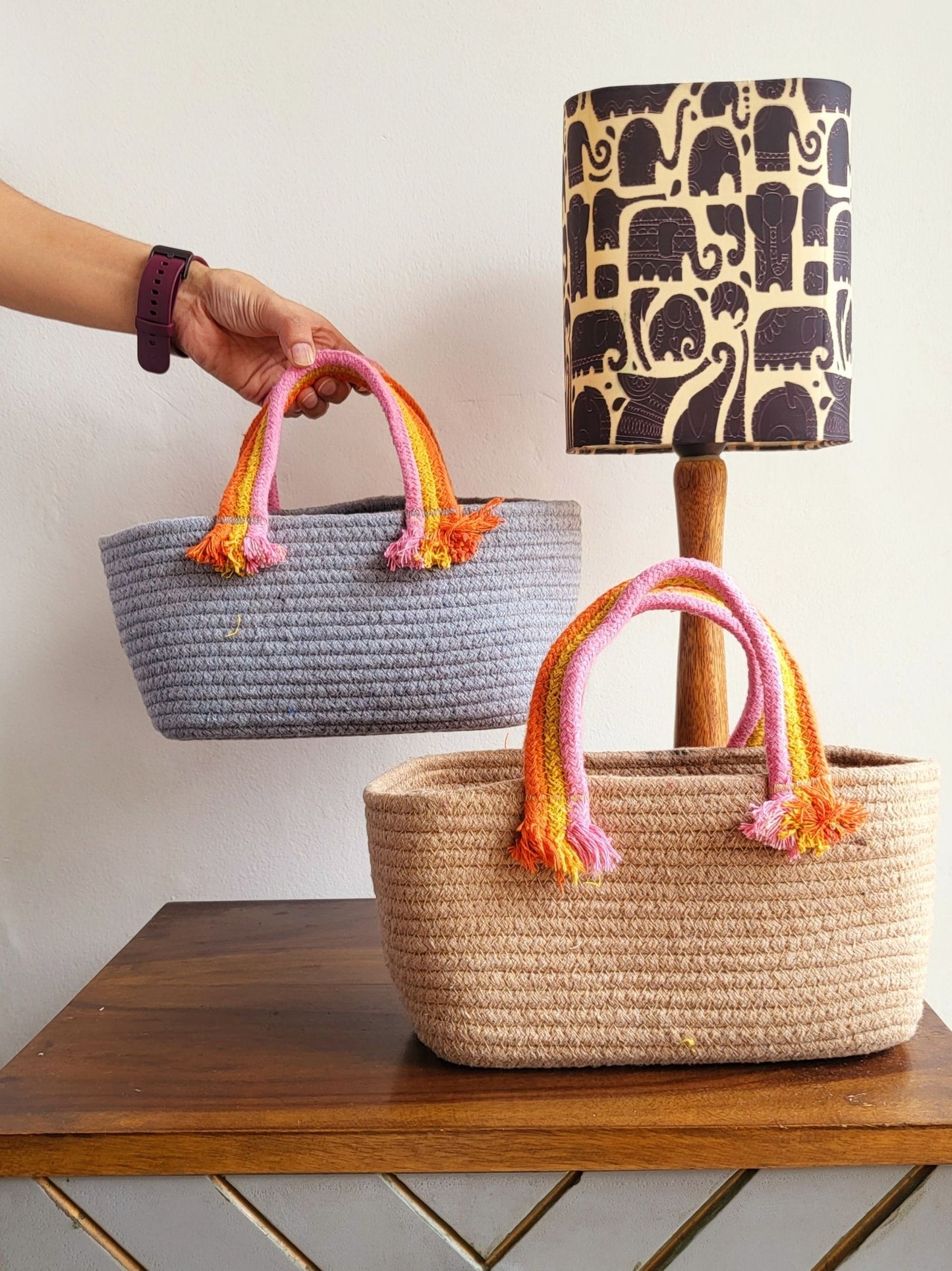 Set of 2 Boho Baskets - Grey & Beige - jasmeyhomes