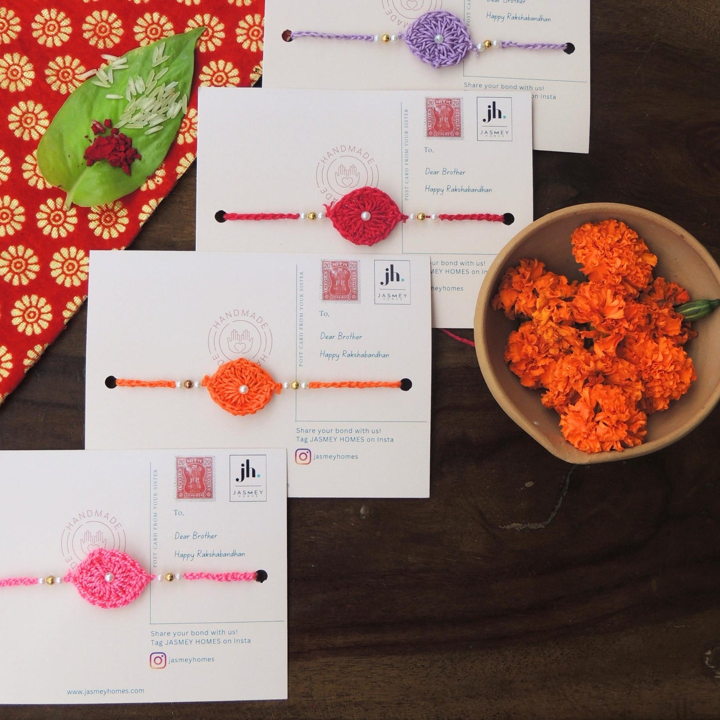 Set of 4 ASHOKA Rakhi for Brother with Postcard - jasmeyhomes