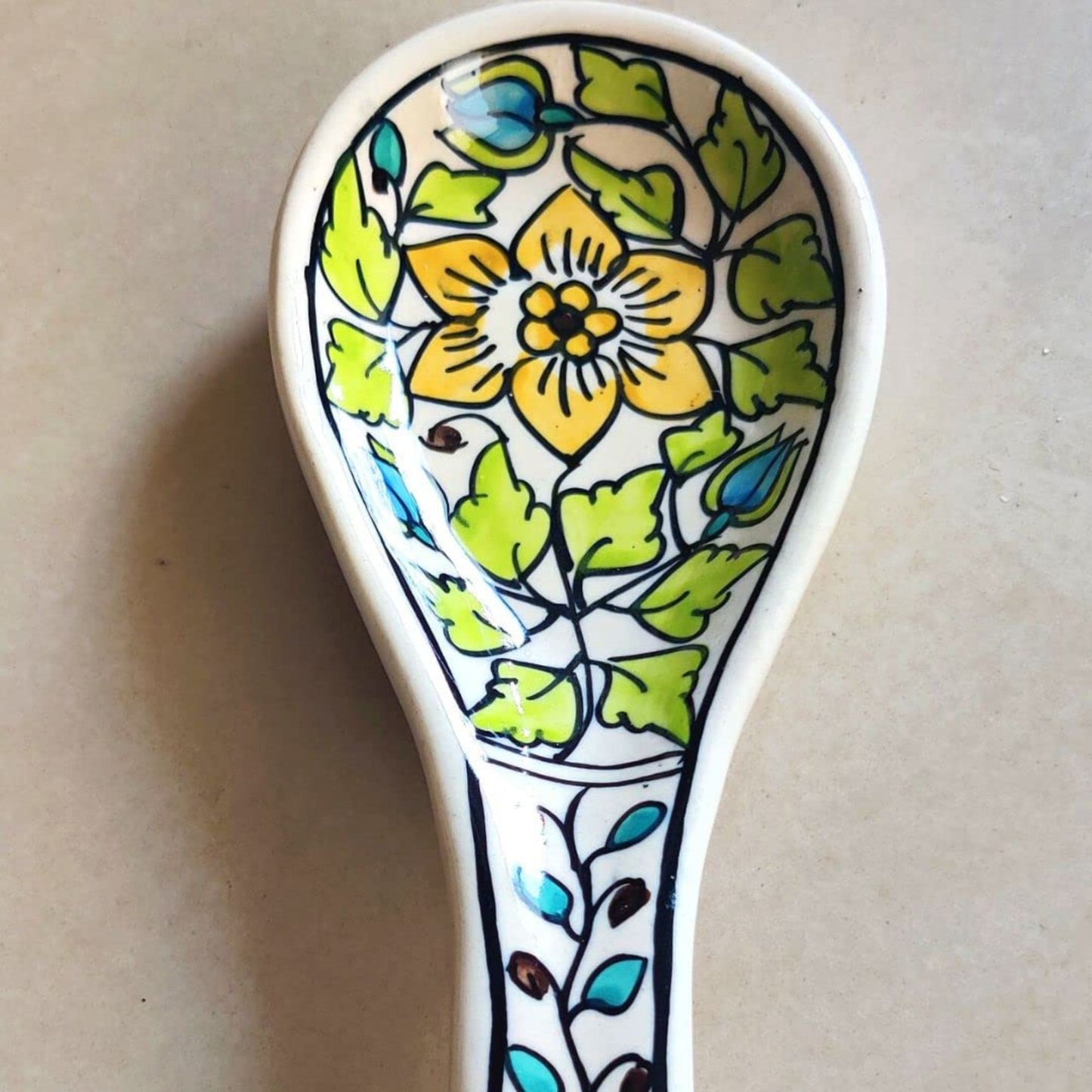Mughal Floral' Hand-painted Ceramic Spoon Rest (Dishwasher Safe) - jasmeyhomes