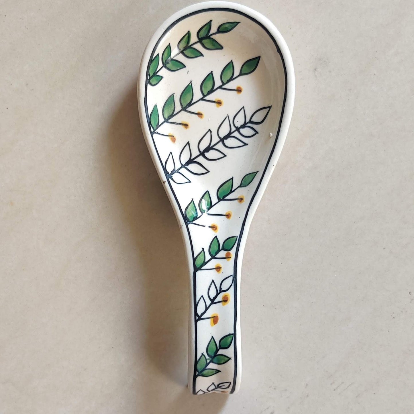 White And Green Stoneware Petals Handpainted Spoon Rest - jasmeyhomes