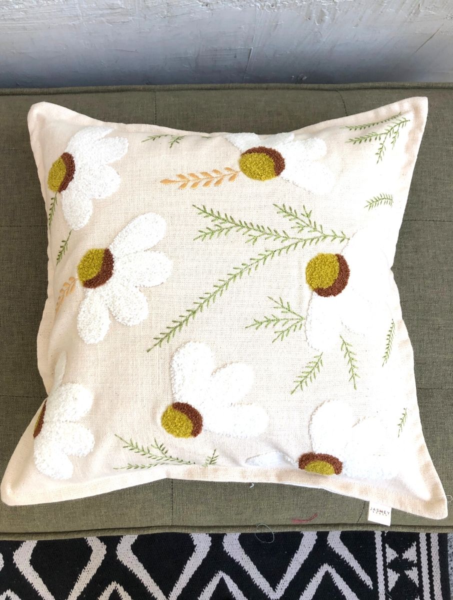 Embroidered Cushion Cover - Daisy White - jasmeyhomes