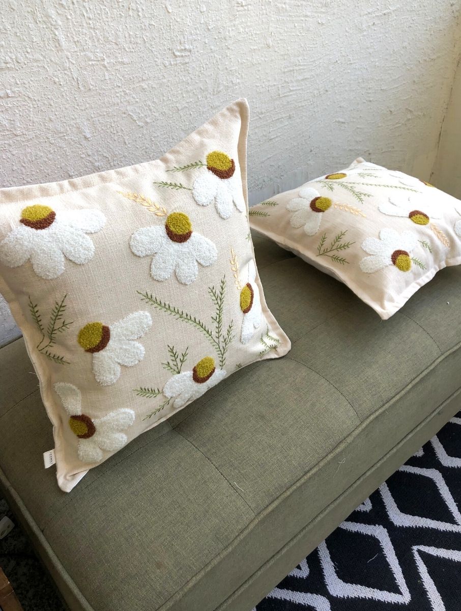 Embroidered Cushion Cover - Daisy White - jasmeyhomes