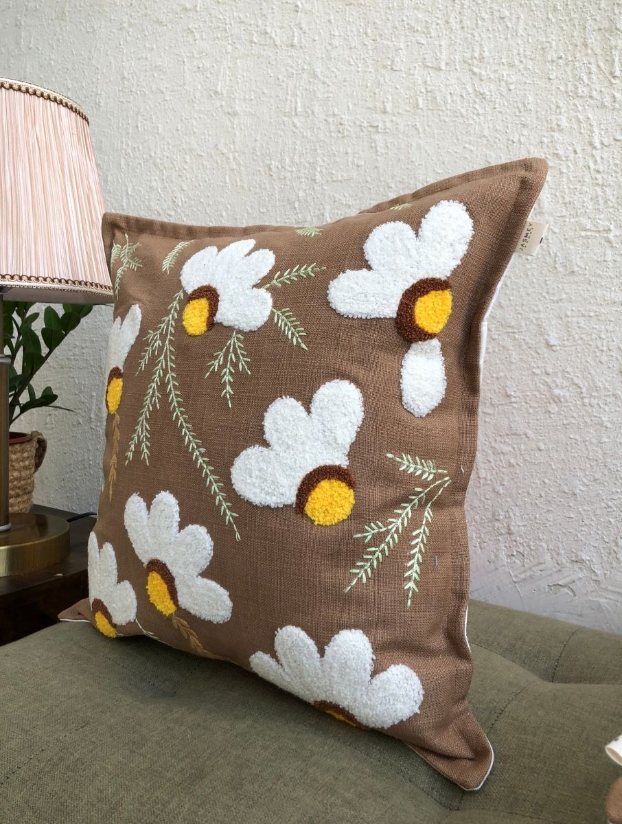 Embroidered Cushion Cover - Daisy Brown - jasmeyhomes