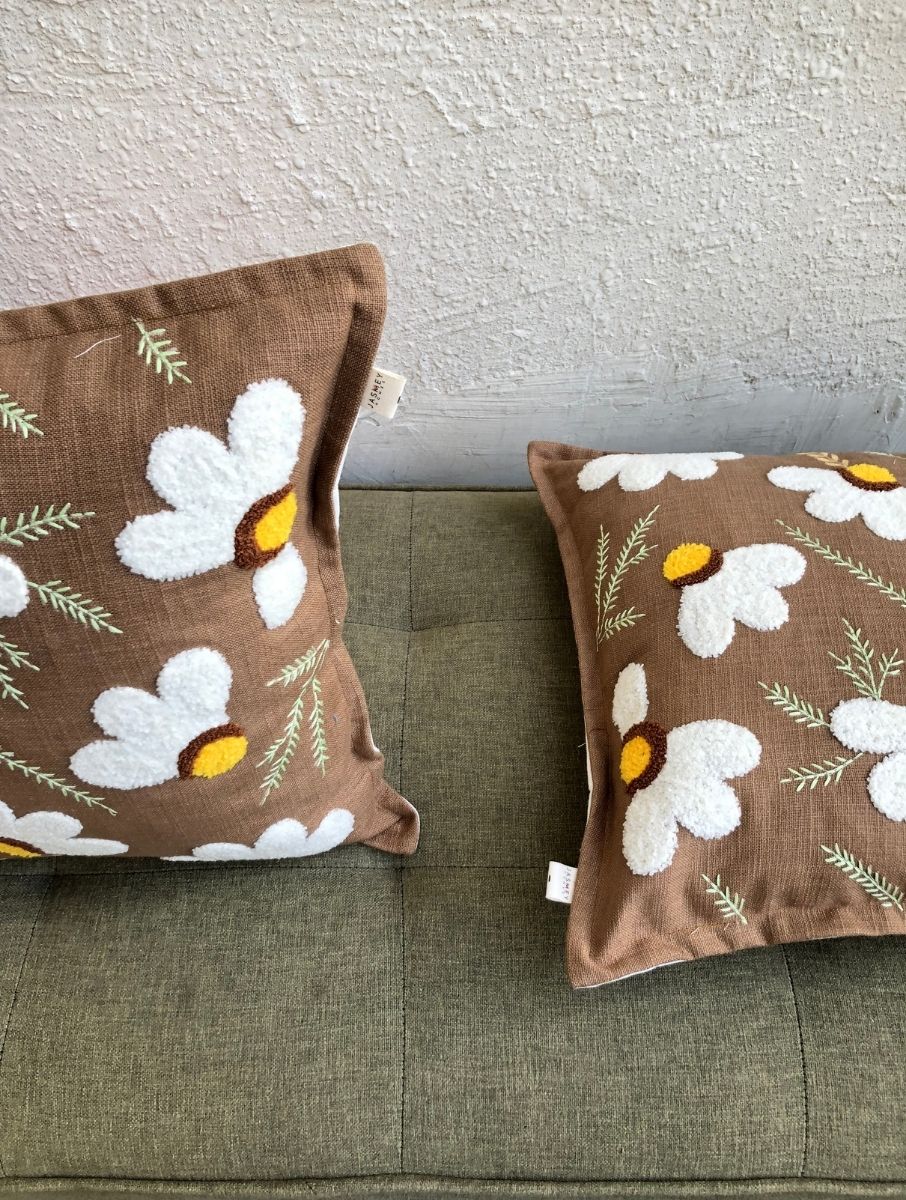 Embroidered Cushion Cover - Daisy Brown - jasmeyhomes
