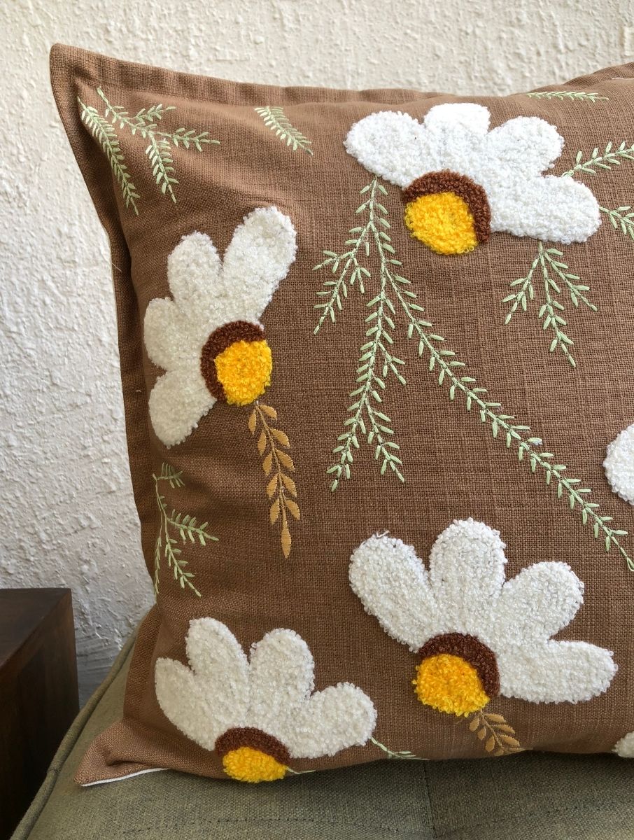 Embroidered Cushion Cover - Daisy Brown - jasmeyhomes