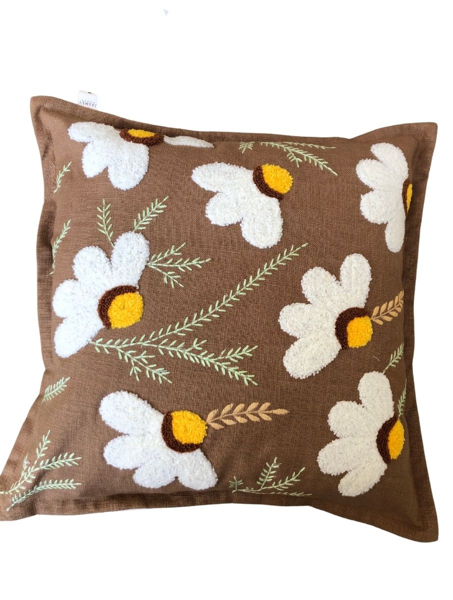 Embroidered Cushion Cover - Daisy Brown - jasmeyhomes