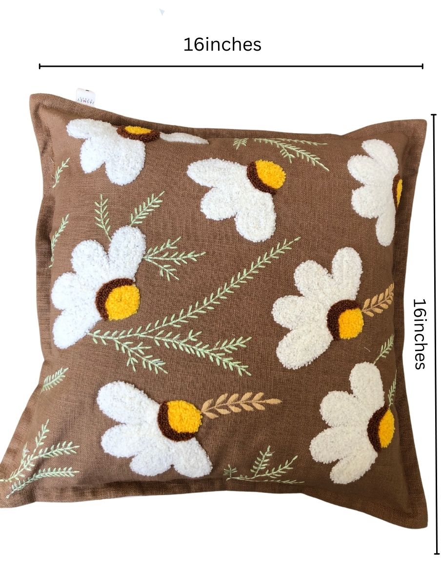 Embroidered Cushion Cover - Daisy Brown - jasmeyhomes