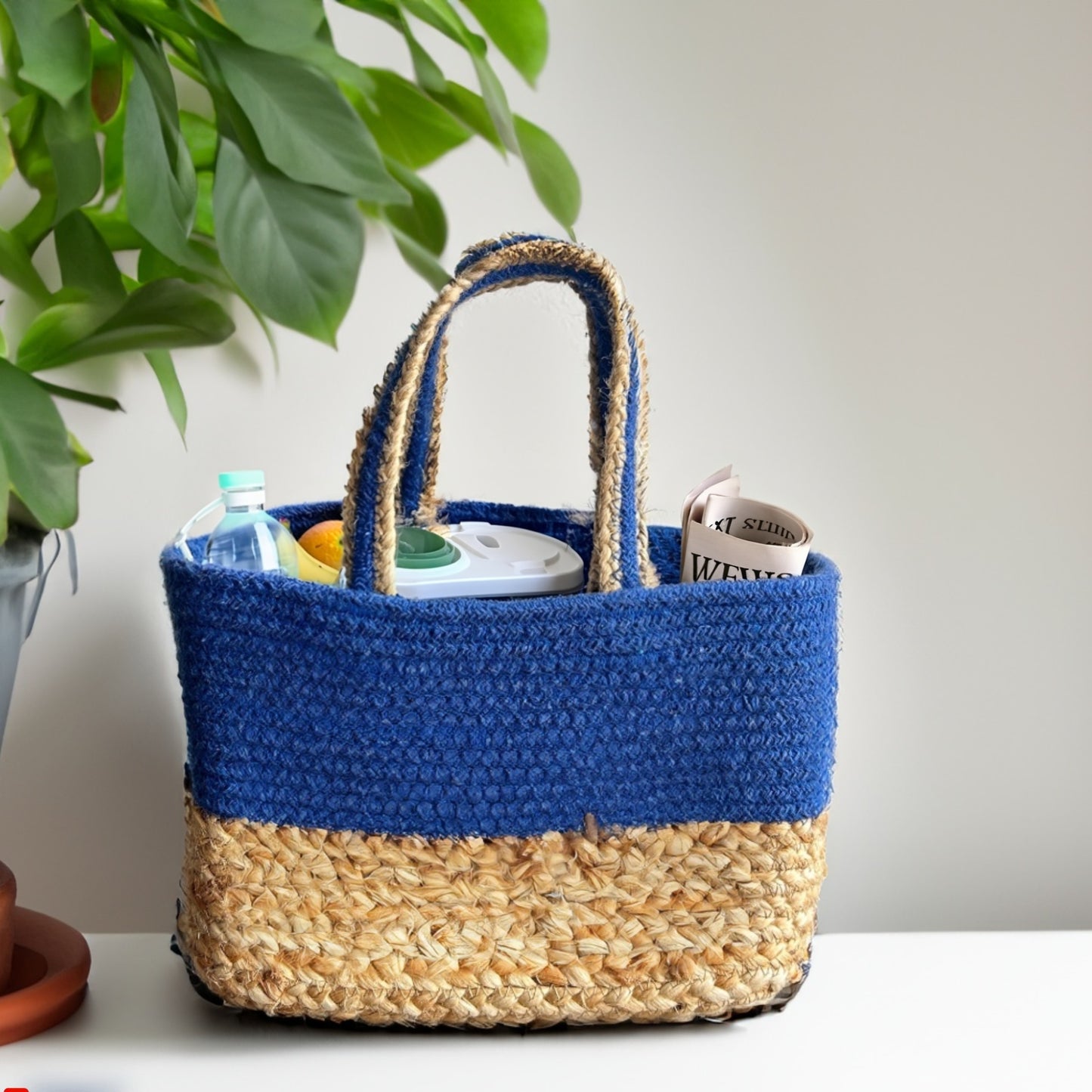 Handwoven Jute Handbag | Lunch Bag- Indigo