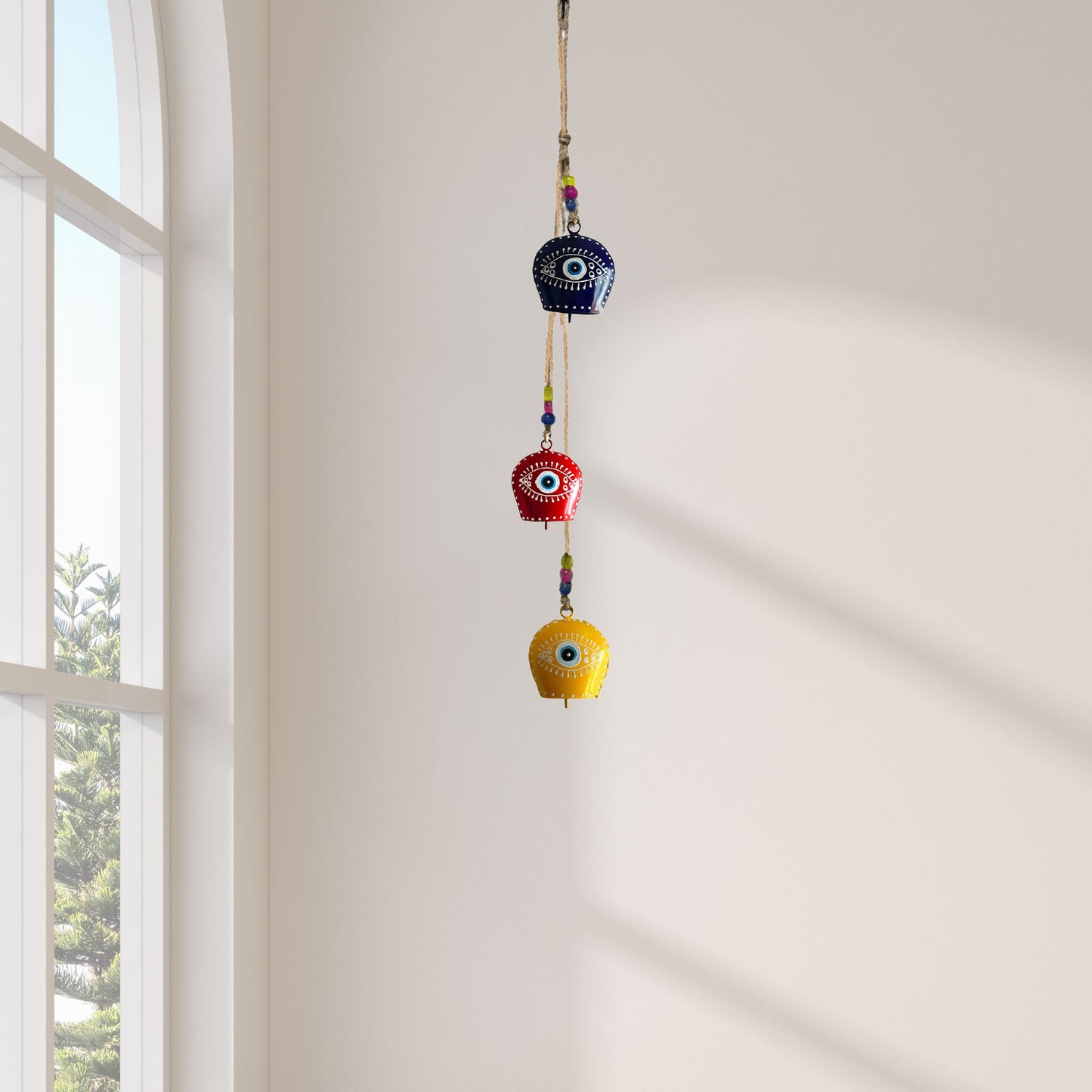 Evil Eye Cow Bell  Hand- Painted Iron Hanging Bell - Blue, Red and Yellow