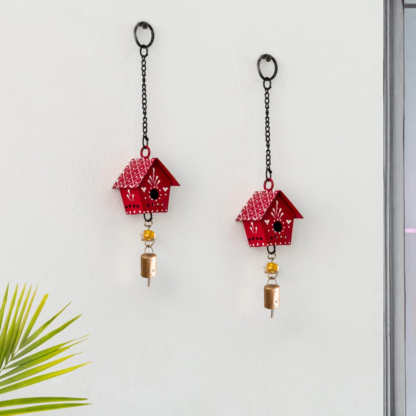 Little Hut (Set Of -2 )  Hand Painted Hanging Ornaments  For Home Decor, Wind Chimes- Red