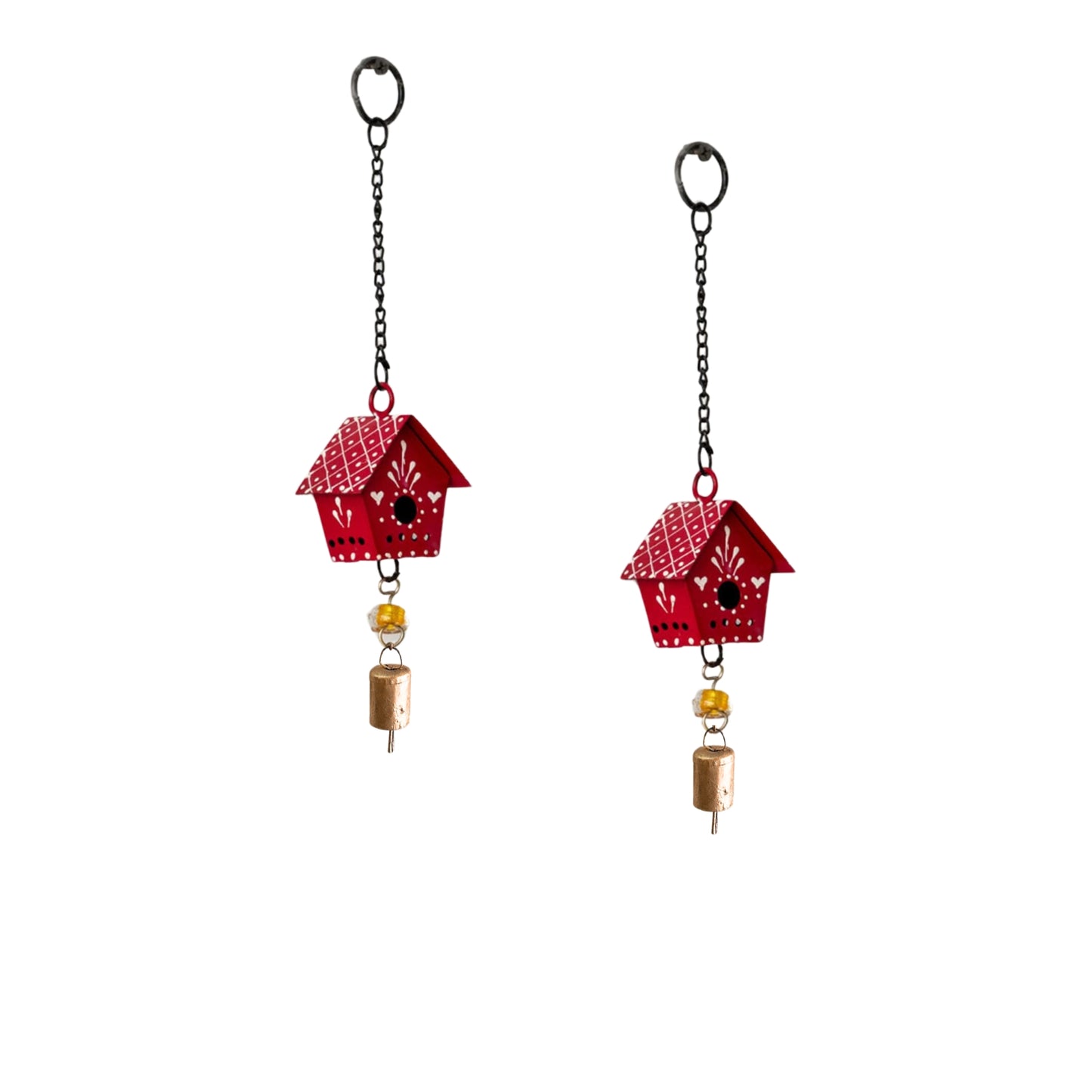 Little Hut (Set Of -2 )  Hand Painted Hanging Ornaments  For Home Decor, Wind Chimes- Red