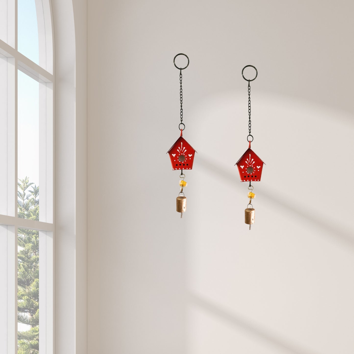 Little Hut (Set Of -2 )  Hand Painted Hanging Ornaments  For Home Decor, Wind Chimes- Red