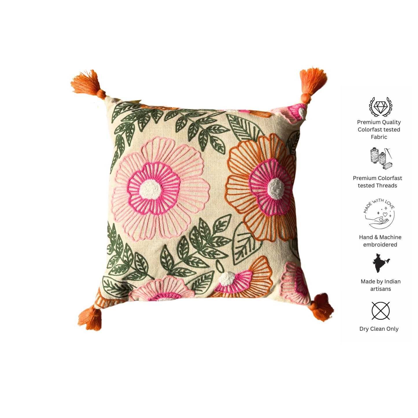 Embroidered Cotton Cushion Cover - Pink Floral