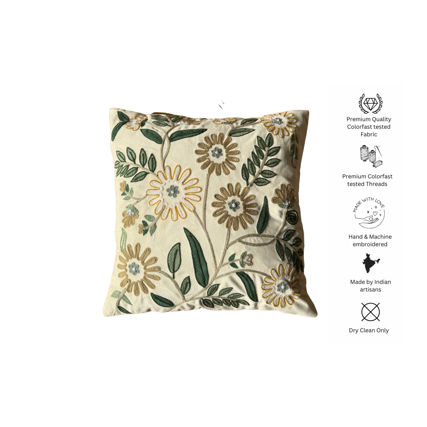 Embroidered Cotton Cushion Cover - Green Floral