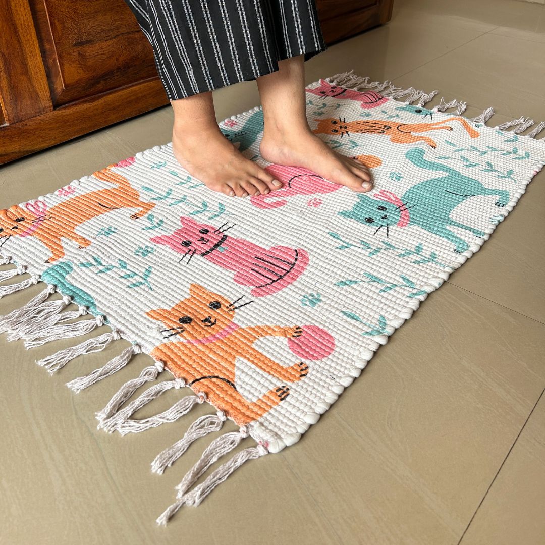 Cat Love Cotton Dhurrie | Floormat | 33X21 Inches