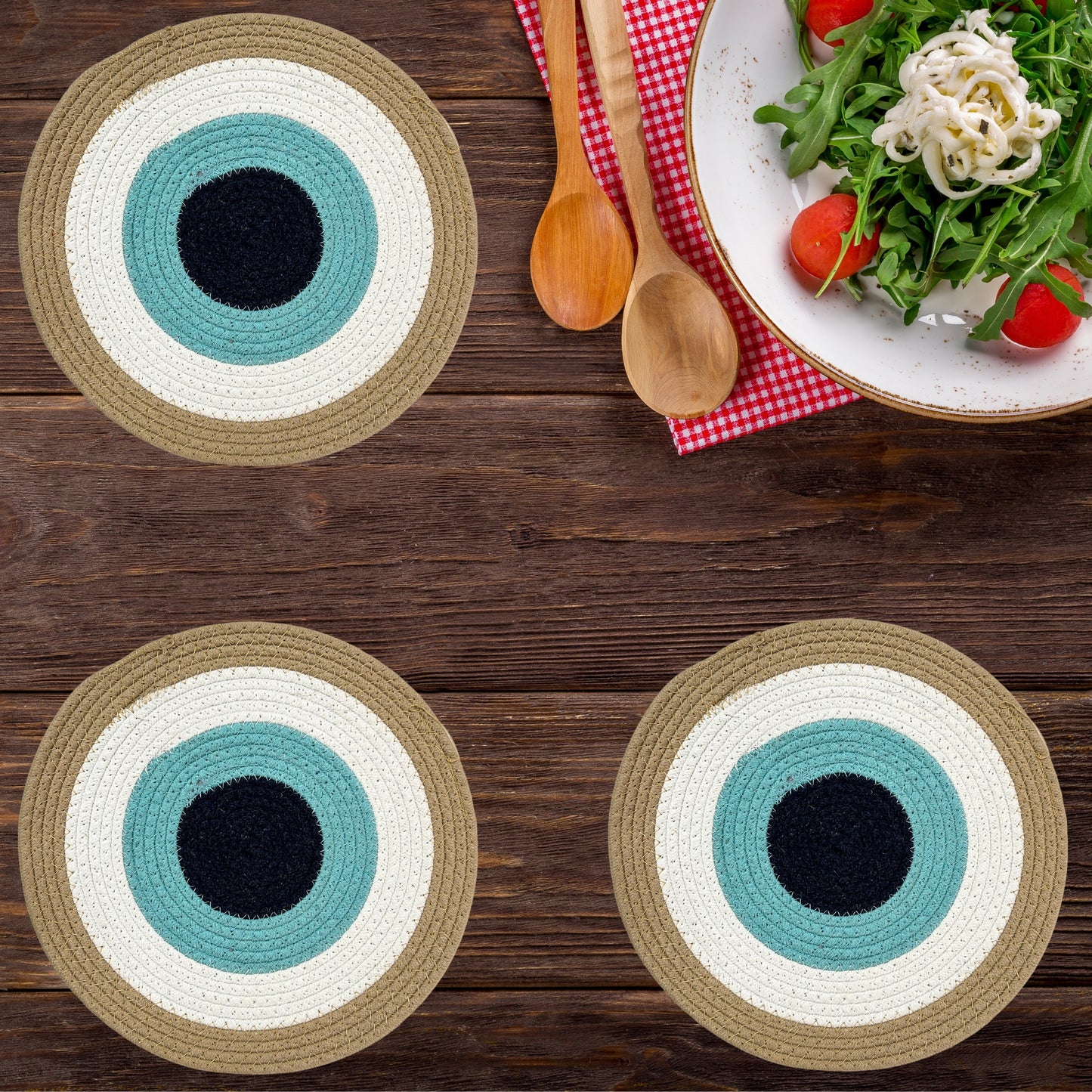 Evil Eye Cotton Placemats, Non-Slip, Heat Resistant, Dining Table Mats, Washable, Anti-Skid, 30 cm- Blue