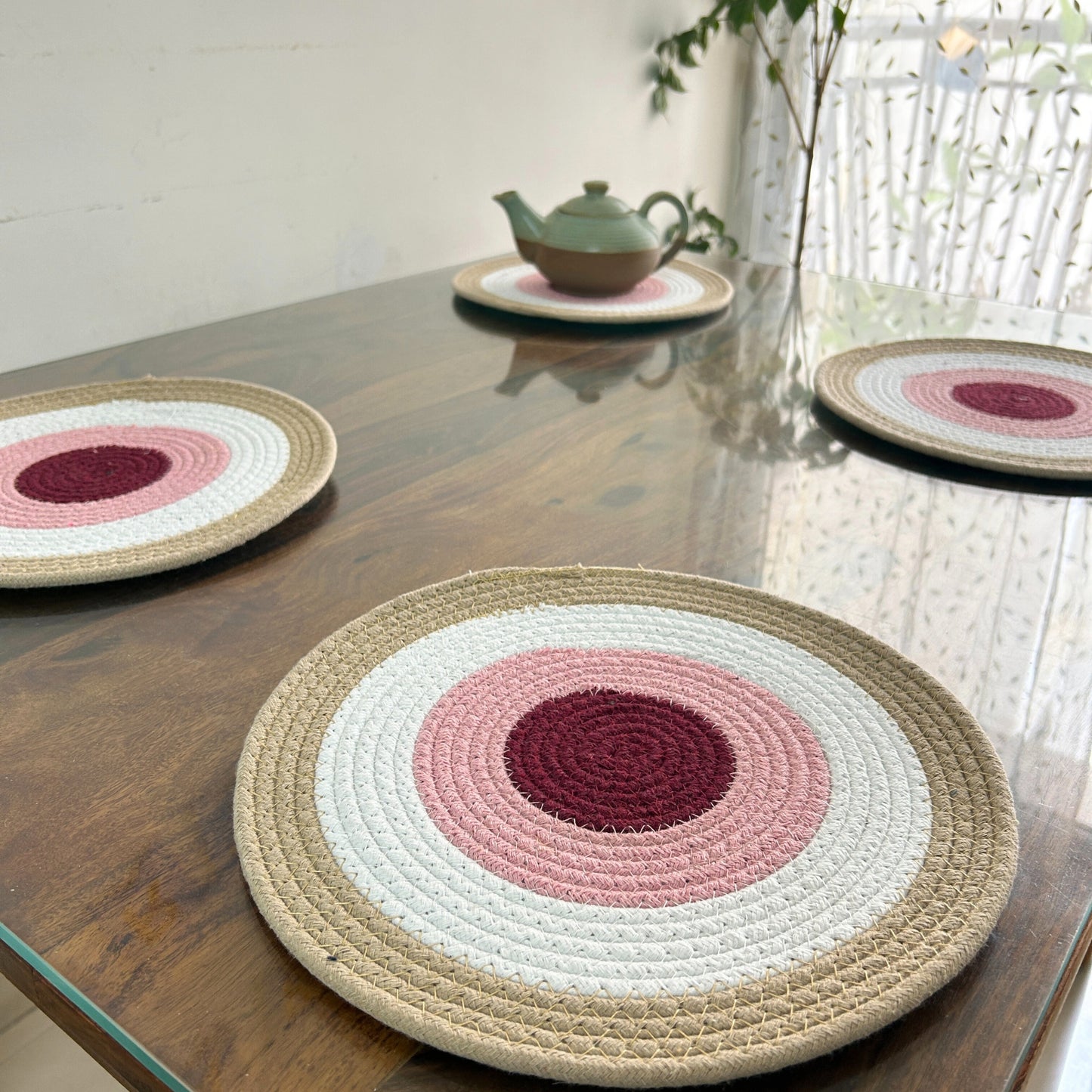 Evil Eye Cotton Placemats, Non-Slip, Heat Resistant, Dining Table Mats, Washable, Anti-Skid, 30 cm- Pink & Maroon