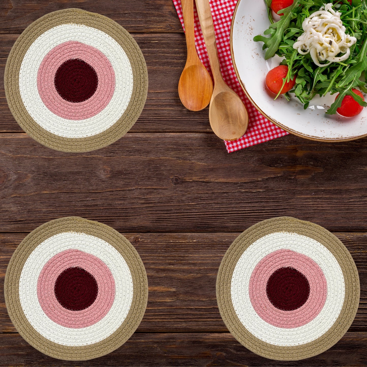 Evil Eye Cotton Placemats, Non-Slip, Heat Resistant, Dining Table Mats, Washable, Anti-Skid, 30 cm- Pink & Maroon