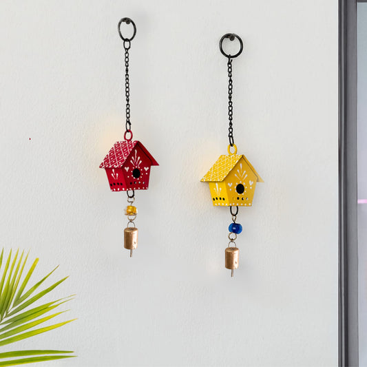 Little Hut Fusion (Set Of -2 ) Hand Painted Hanging Ornaments  For Home Decor, Wind Chimes- Yellow & Red