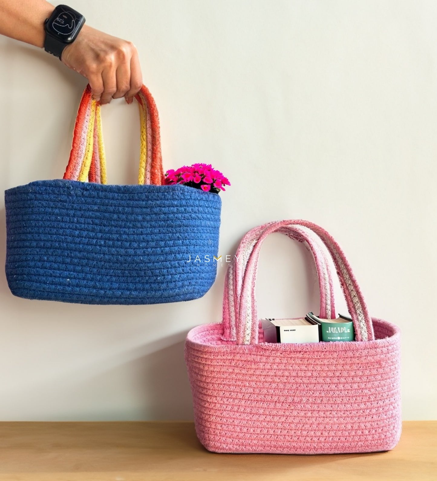Set of 2 Cotton Baskets- Blue And Pink
