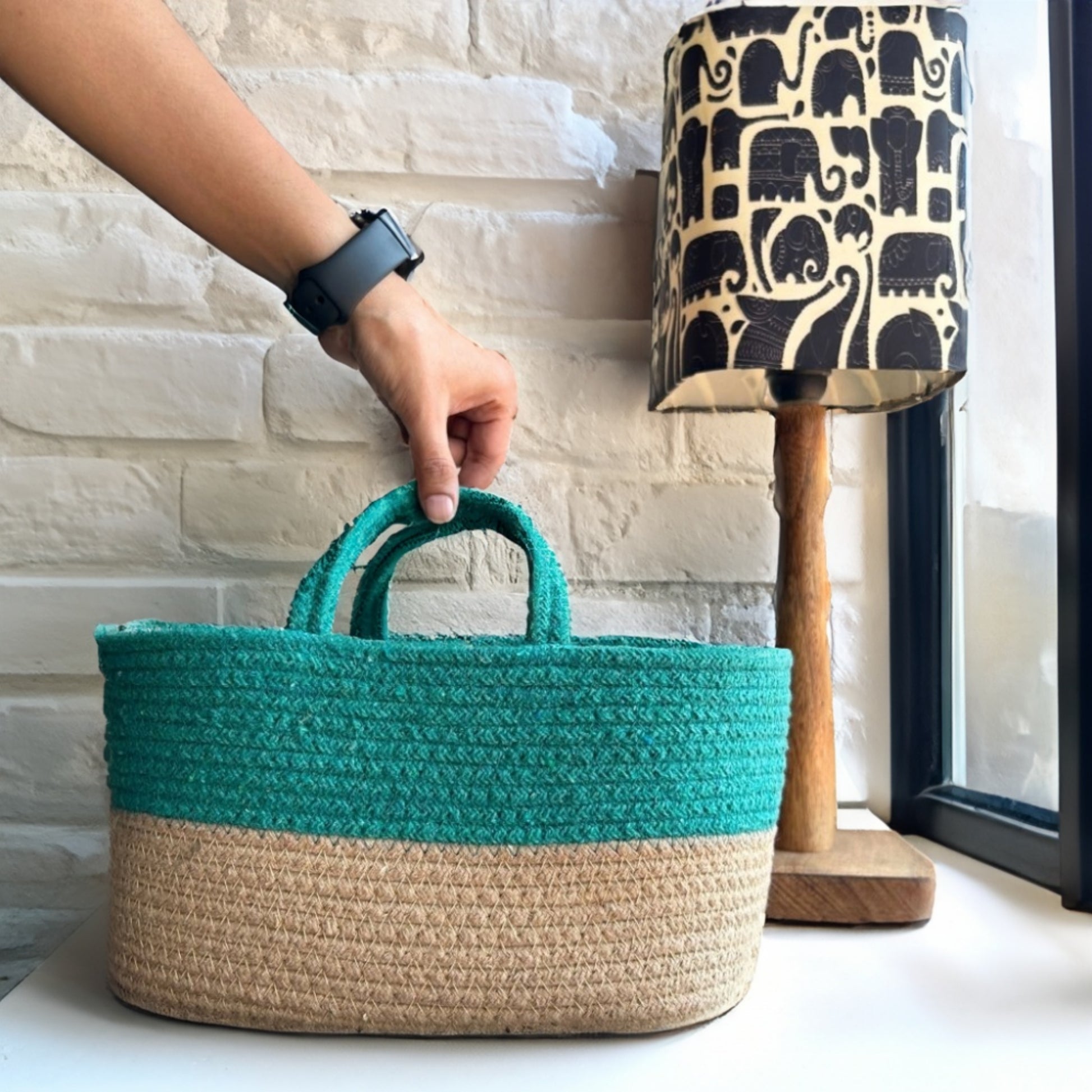 Twin Tone Basket- Bottle Green And Beige - jasmeyhomes