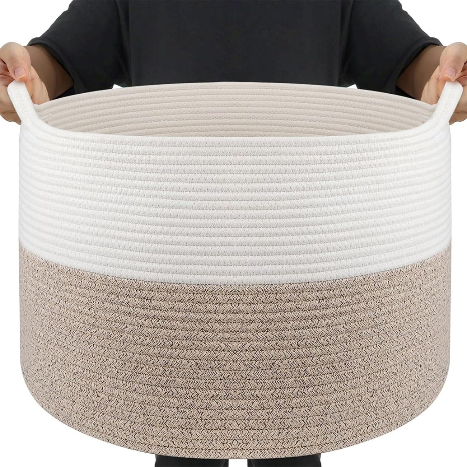 Modern Spacious Cotton Rope Basket - White & Beige - jasmeyhomes