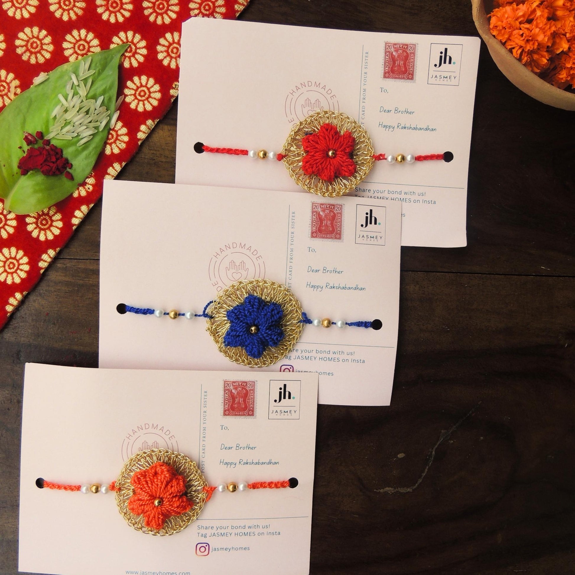 Set of 3 CHAKRA Rakhi for Brother with Post Card - jasmeyhomes
