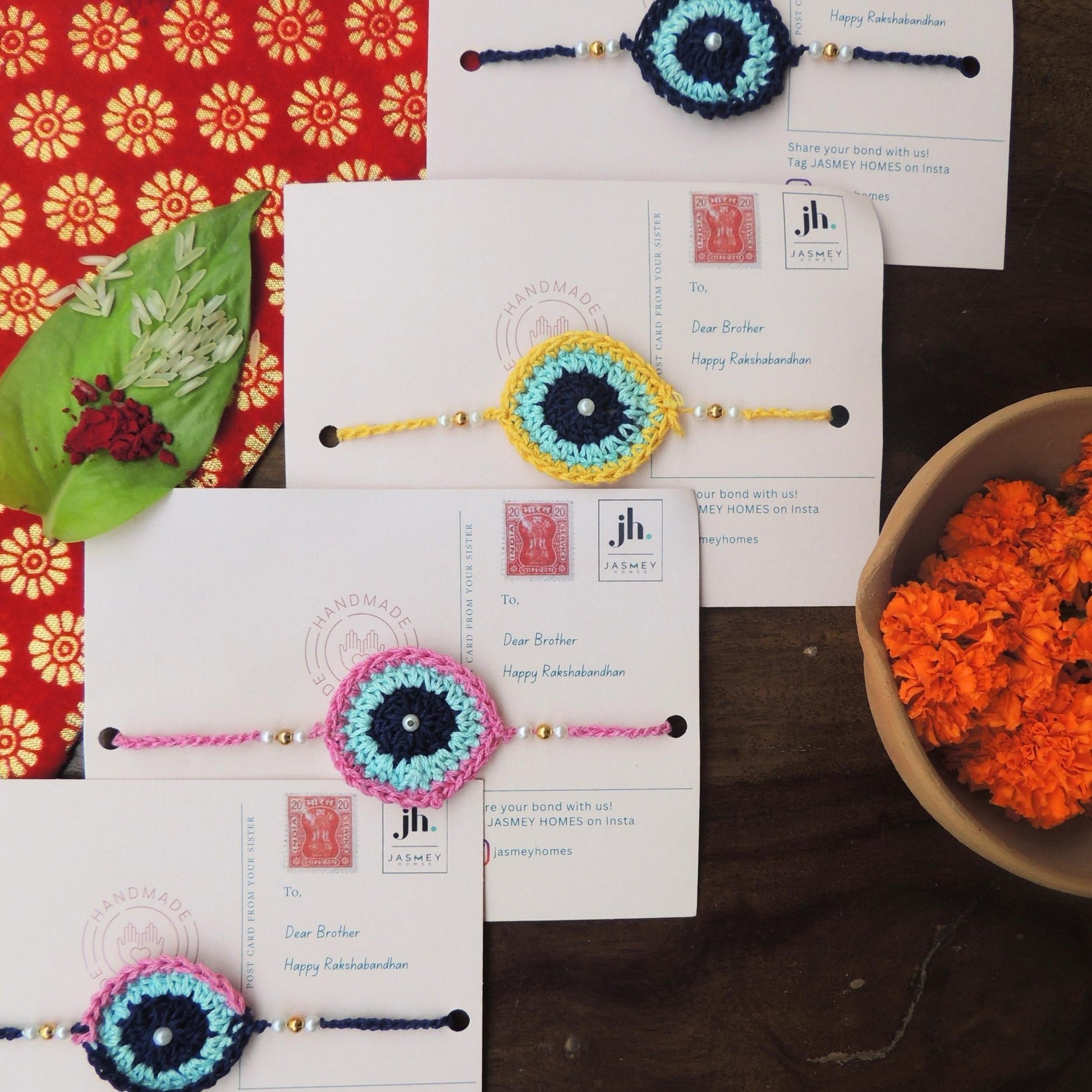 Set of 4 EVIL EYE Rakhi for Brother with Post Card - jasmeyhomes