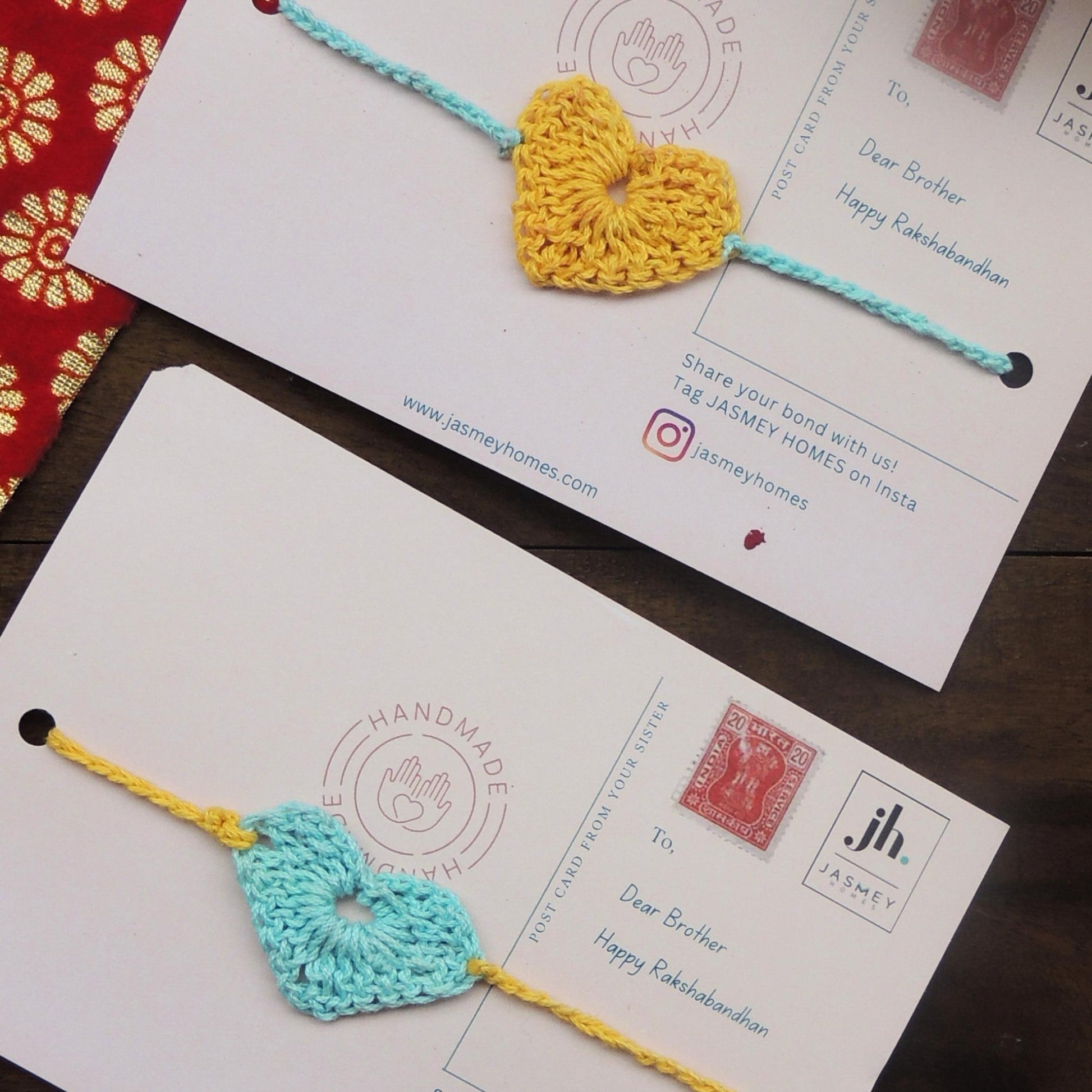 Set of 4 HEART Rakhi for Brother with Postcard - jasmeyhomes