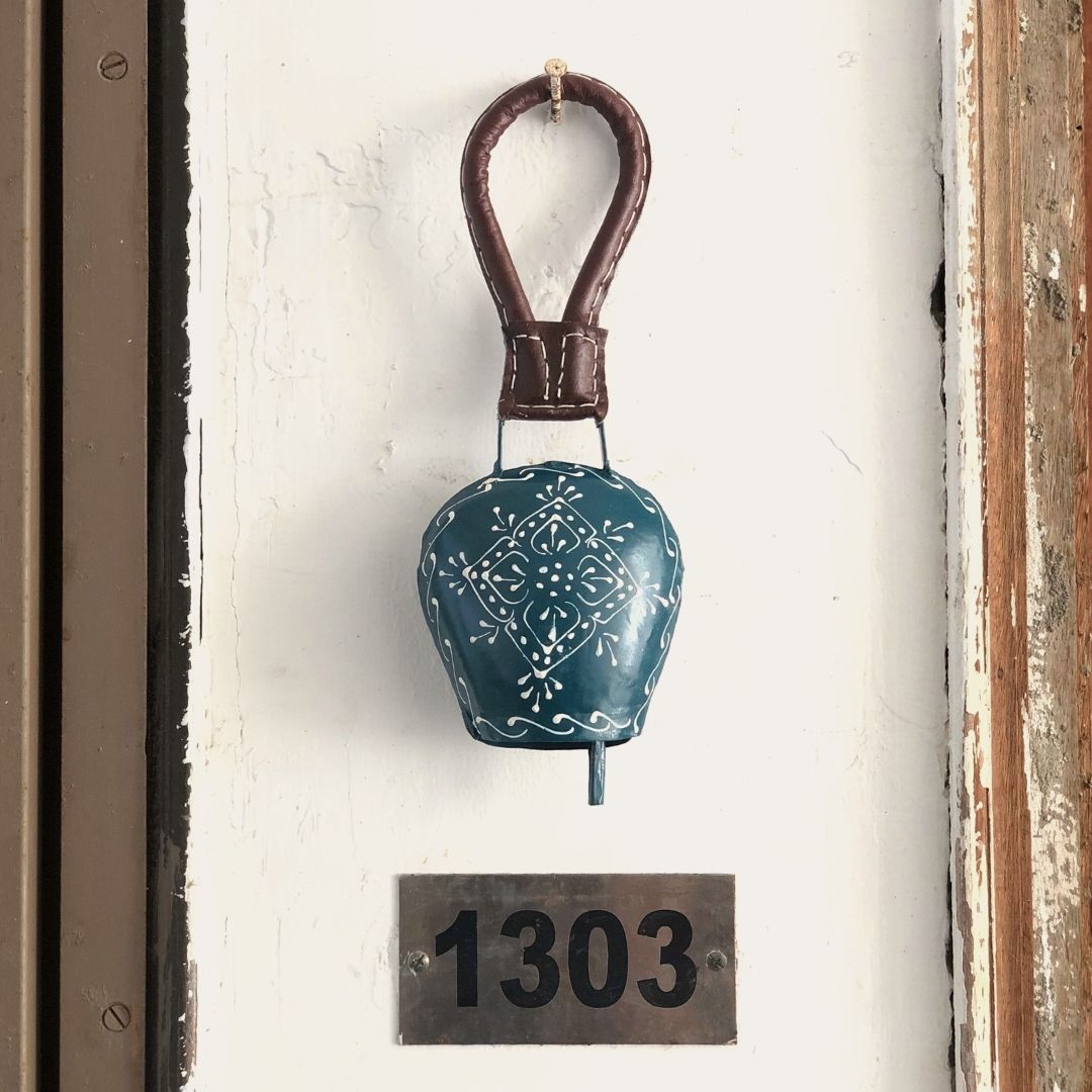 Wall Hanging Bell - Turtle Green with Leather Handle - jasmeyhomes