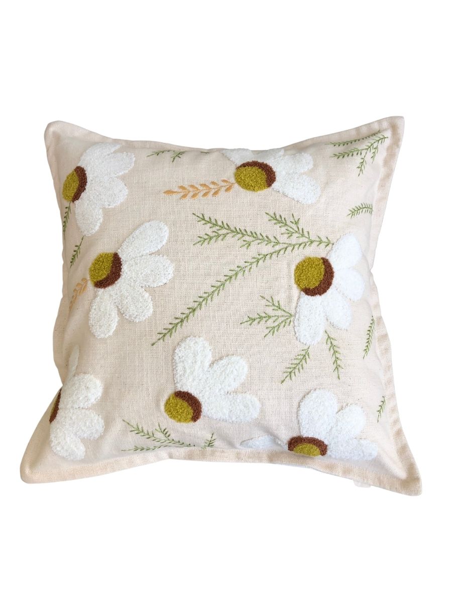 Embroidered Cushion Cover - Daisy White - jasmeyhomes