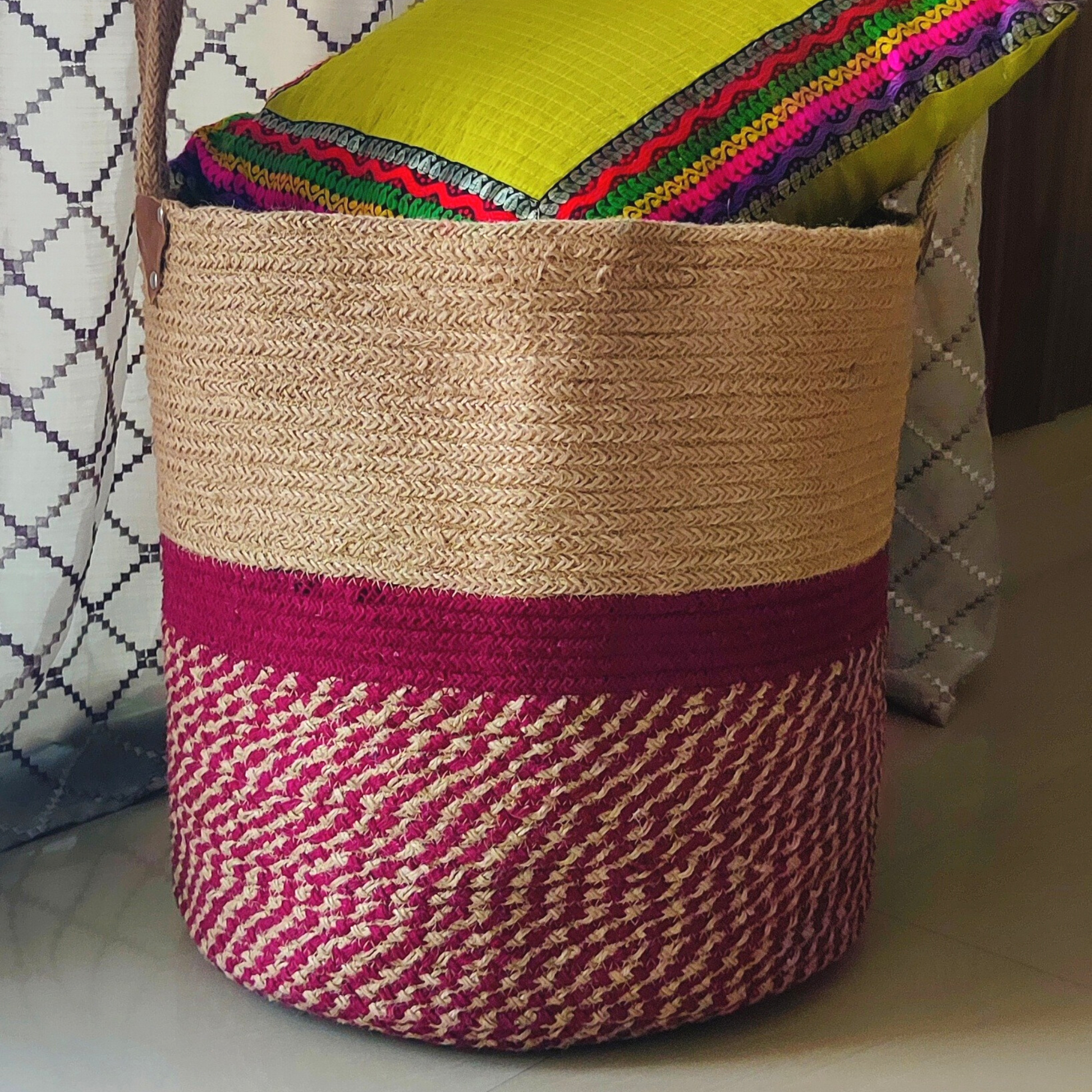 Spacious Jute Laundry Basket - 16 Inches | Maroon - jasmeyhomes