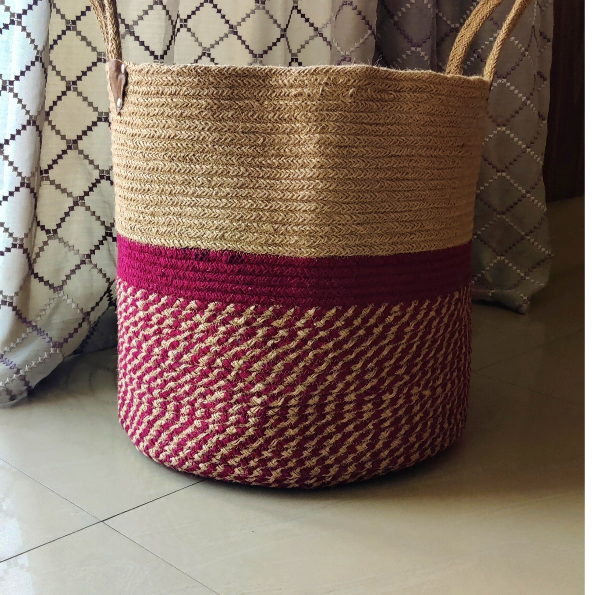 Spacious Jute Laundry Basket - 16 Inches | Maroon - jasmeyhomes