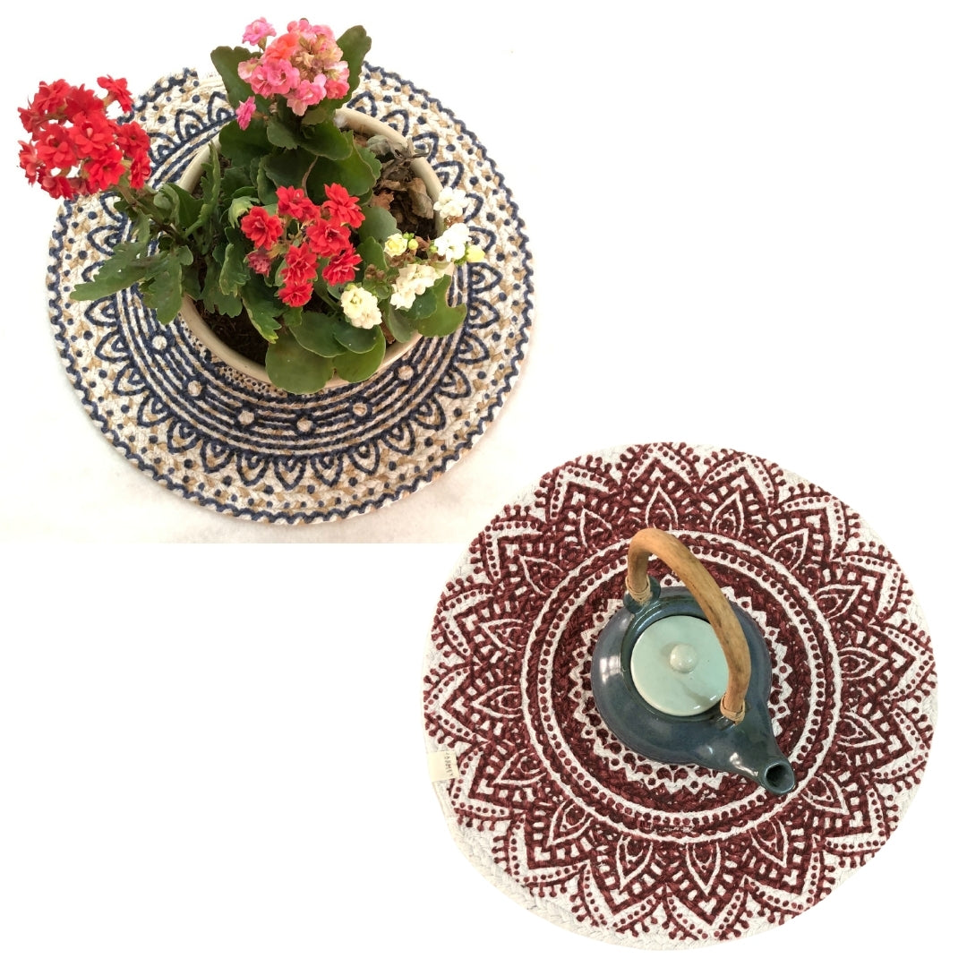 JASMEY HOMES Two-Sided Cotton Tablemats/Placemats Heat Resistant Dining Table Place Mats for Kitchen Coffee Table Wedding Party (14.12 inches / 36 cm Round), Set of 2 - jasmeyhomes
