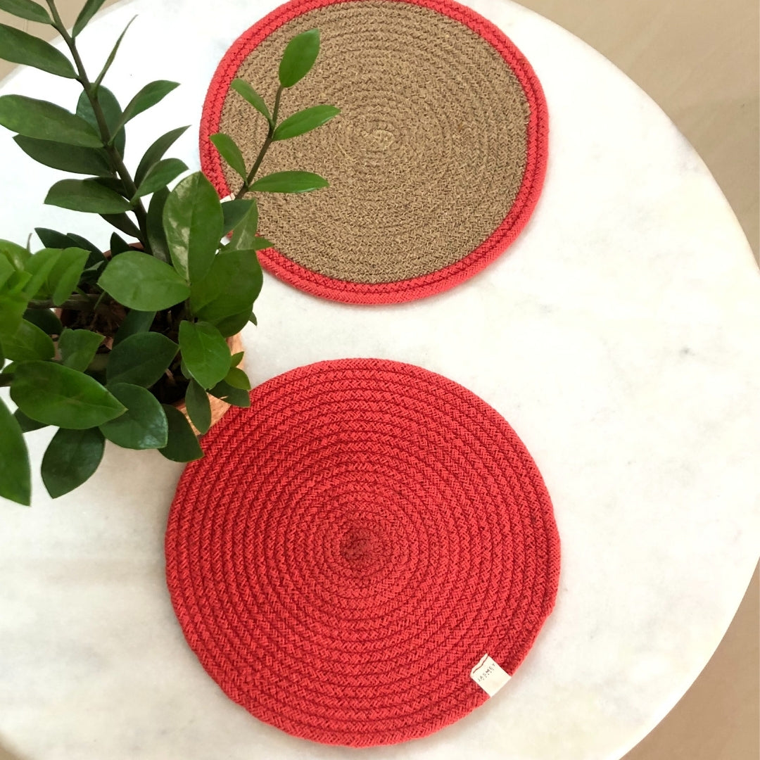 JASMEY HOMES Two-Sided Cotton Tablemats/Placemats Heat Resistant Dining Table Place Mats for Kitchen Coffee Table Wedding Party (12 inches / 30 cm Round) Coral, Set of 2 - jasmeyhomes
