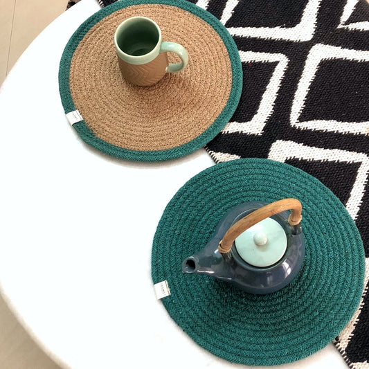 JASMEY HOMES Two-Sided Cotton Tablemats/Placemats Heat Resistant Dining Table Place Mats for Kitchen Coffee Table Wedding Party (12 inches / 30 cm cm Round) Teal, Set of 2 - jasmeyhomes