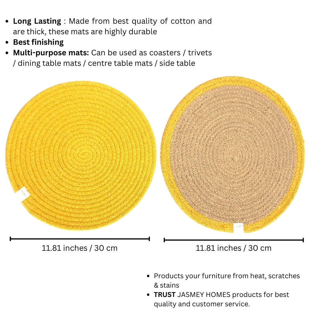 JASMEY HOMES Two-Sided Cotton Tablemats/Placemats Heat Resistant Dining Table Place Mats for Kitchen Coffee Table Wedding Party (12 inches / 30 cm Round) Yellow, Set of 2 - jasmeyhomes