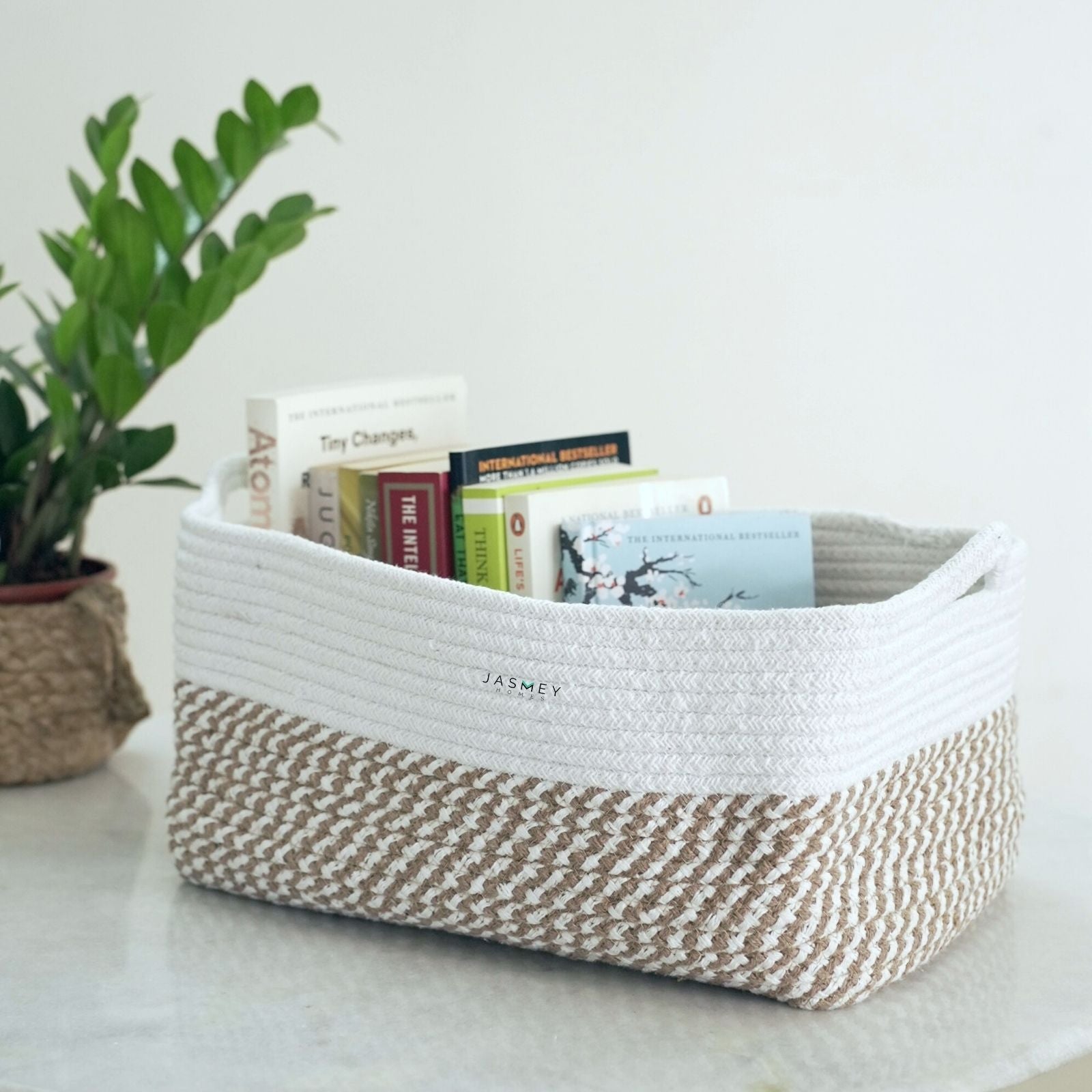 Rectangular White & Beige Storage Basket - jasmeyhomes